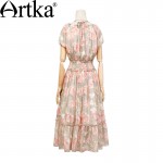 Artka Women's Spring New Printed Chiffon Dress Vintage Slash Neck Off Shoulder Sleeve Cinchec Waist Wide Hem Dress LA11862C