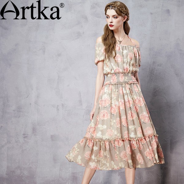 Artka Women's Spring New Printed Chiffon Dress Vintage Slash Neck Off Shoulder Sleeve Cinchec Waist Wide Hem Dress LA11862C