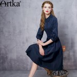 Artka Women's Spring New Solid Color Embroidery Dress Three Quarter Sleeve Empire Waist Wide Hem Dress With Sashes LA12965C