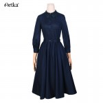 Artka Women's Spring New Solid Color Embroidery Dress Three Quarter Sleeve Empire Waist Wide Hem Dress With Sashes LA12965C