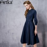 Artka Women's Spring New Solid Color Embroidery Dress Three Quarter Sleeve Empire Waist Wide Hem Dress With Sashes LA12965C