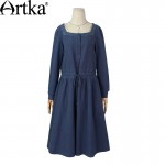 Artka Women's Spring New Solid Color Embroidery Dress Vintage Square Collar Long Sleeve Drawstring Waist Dress LA11660Q