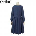 Artka Women's Spring New Solid Color Embroidery Dress Vintage Square Collar Long Sleeve Drawstring Waist Dress LA11660Q