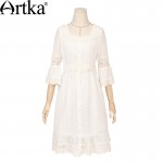 Artka Women's Spring New White Lace Patchwork Cotton Dress Vintage O-Neck Puff Sleeve Empire Waist All-match Dress LA10660C