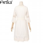 Artka Women's Spring New White Lace Patchwork Cotton Dress Vintage O-Neck Puff Sleeve Empire Waist All-match Dress LA10660C