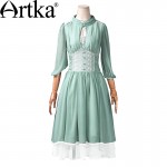 Artka Women's Spring Slim Cut Delicate Lace Embroidery Three Quarter Sleeve Stand Collar  Cinched Waist Swing Hem Dress LA10730X