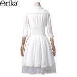 Artka Women's Spring Slim Cut Delicate Lace Embroidery Three Quarter Sleeve Stand Collar  Cinched Waist Swing Hem Dress LA10730X