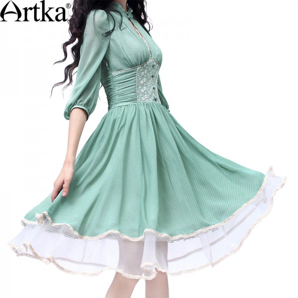 Artka Women's Spring Slim Cut Delicate Lace Embroidery Three Quarter Sleeve Stand Collar  Cinched Waist Swing Hem Dress LA10730X