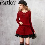 Artka Women's Spring Vintage Warm Sweater Dress All-match O-Neck Hollow Out Cinch Waist Knit Mini Dress LB15250Q