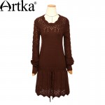 Artka Women's Spring Vintage Warm Sweater Dress All-match O-Neck Hollow Out Cinch Waist Knit Mini Dress LB15250Q