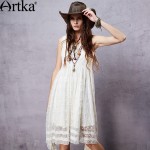 Artka Women's Summer Bohemian Style Solid Color Sleeveless Dress O-neck Lace Embroidery Irregular Hem Dress LA14551X