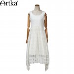 Artka Women's Summer Bohemian Style Solid Color Sleeveless Dress O-neck Lace Embroidery Irregular Hem Dress LA14551X