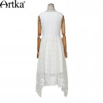 Artka Women's Summer Bohemian Style Solid Color Sleeveless Dress O-neck Lace Embroidery Irregular Hem Dress LA14551X