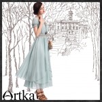 Artka Women's Summer Brief Cute Elegant Square Neck Short Puff Sleeves Ankle-Length Patchwork Solid Chiffon Dress LA10740X