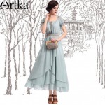 Artka Women's Summer Brief Cute Elegant Square Neck Short Puff Sleeves Ankle-Length Patchwork Solid Chiffon Dress LA10740X