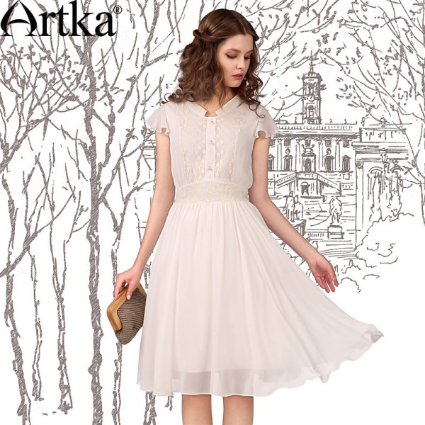 Artka Women's Summer Lace Embroidered Slim Knee-Length Ball Gown O-Neck Party Chiffon Dress  LA10340X