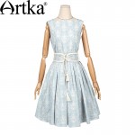 Artka Women's Summer New Baroque Floral printed Dress Vintage Sleeveless Empire Waist Pleated Hem Dress With Sashes LA10367X 