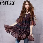 Artka Women's Summer New Boho Style Printed Lace Patchwork Chiffon Dress Half Sleeve Empire Waist Dress With Ruffles LA15052X