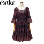 Artka Women's Summer New Boho Style Printed Lace Patchwork Chiffon Dress Half Sleeve Empire Waist Dress With Ruffles LA15052X