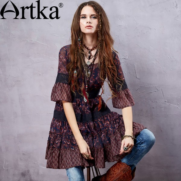 Artka Women's Summer New Boho Style Printed Lace Patchwork Chiffon Dress Half Sleeve Empire Waist Dress With Ruffles LA15052X