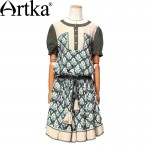 Artka Women's Summer New Catalonia Series Printed Embroidery Dress O-Neck Short Sleeve Dropped Waist Knee-Length Dress LA14356X