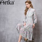 Artka Women's Summer New Pastoral Style Printed Dress Stand Collar Lantern Sleeve Empire Waist Dress With Ruffles LA13563C