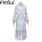 Artka Women's Summer New Pastoral Style Printed Dress Stand Collar Lantern Sleeve Empire Waist Dress With Ruffles LA13563C