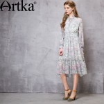 Artka Women's Summer New Pastoral Style Printed Dress Stand Collar Lantern Sleeve Empire Waist Dress With Ruffles LA13563C