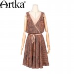 Artka Women's Summer New Printed Patchwork Dress Vintage V-Neck Sleeveless Cinched Waist Wide Hem Dress With Sashes LA10762X