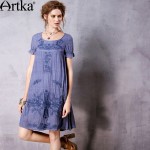 Artka Women's Summer New Vintage O-Neck Short Sleeve Embroidery Cutton Loose Style Comfy Dress LA10262C