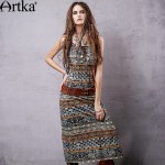 Artka Women's Summer New Vintage Printed Sleeveless Off the Shoulder Mid-Calf Slim Cotton DressZA15053X