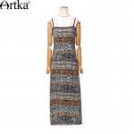 Artka Women's Summer New Vintage Printed Sleeveless Off the Shoulder Mid-Calf Slim Cotton DressZA15053X