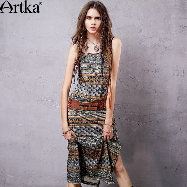 Artka Women's Summer New Vintage Printed Sleeveless Off the Shoulder Mid-Calf Slim Cotton DressZA15053X