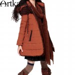 Artka Women's Top White Duck Down Thick Slim  Court Stlye Hooded Needle Winter Medium-Long Patchwork Slight Puff Coat ZK16235D