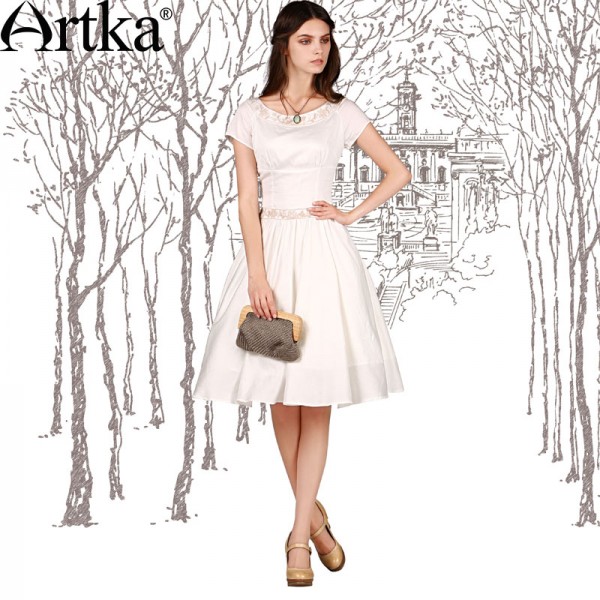 Artka Women's Vintage Cotton Dress 2015 New Summer Embroidery Design O-Neck Woman Slim White Dresses LA11153X