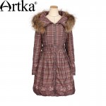 Artka Women's Winter New Plaid Slim Fit Down Coat Vintage Hooded Long Sleeve Cinched Waist Down Coat With Sashes ZK10059D