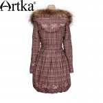 Artka Women's Winter New Plaid Slim Fit Down Coat Vintage Hooded Long Sleeve Cinched Waist Down Coat With Sashes ZK10059D