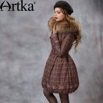 Artka Women's Winter New Plaid Slim Fit Down Coat Vintage Hooded Long Sleeve Cinched Waist Down Coat With Sashes ZK10059D