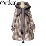 Artka Women's Winter Pointed Hood Rabbit Fur Plaid Embroidery Bow Warm Wadded Outerwear Long A-line Casual Padded Coat A09860