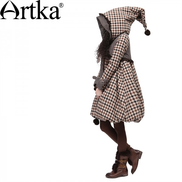 Artka Women's Winter Pointed Hood Rabbit Fur Plaid Embroidery Bow Warm Wadded Outerwear Long A-line Casual Padded Coat A09860