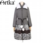 Artka Women's Winter Warm Printed Cinched Waist Outerwear Vintage Long Sleeve Down Coat With Removale Rabbit Fur Collar ZK11266D