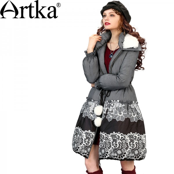 Artka Women's Winter Warm Printed Cinched Waist Outerwear Vintage Long Sleeve Down Coat With Removale Rabbit Fur Collar ZK11266D