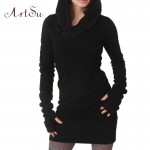 Artsu 2017 Autumn High Quality Fashion Hooded Slim Dress Long-Sleeved  Loose Black Mini Base Dresses Vestidos ASDR100102