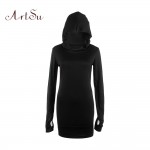 Artsu 2017 Autumn High Quality Fashion Hooded Slim Dress Long-Sleeved  Loose Black Mini Base Dresses Vestidos ASDR100102