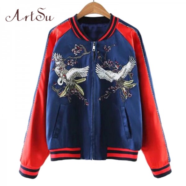 Artsu 2017 Women Harajuku Embroidery Bomber Jacket Coats Cool Jackets Tops Pilots Couple Baseball Outerwear Jaqueta ASCO10031