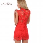 Artsu 2106 Women Summer Sexy Mini Dresses Hollow Lace Embroidery High-necked Sleeveless Bandage Dress ASDR10009