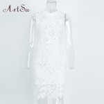 Artsu 2106 Women Summer Sexy Mini Dresses Hollow Lace Embroidery High-necked Sleeveless Bandage Dress ASDR10009