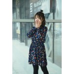 Asia College Fresh Loose Bohemian Dress Colorful Leaf Printting Chiffon Long Sleeves Bottoming Dress Navy Wine Red For Women 