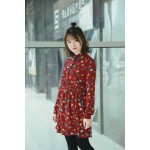 Asia College Fresh Loose Bohemian Dress Colorful Leaf Printting Chiffon Long Sleeves Bottoming Dress Navy Wine Red For Women 