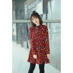 Asia College Fresh Loose Bohemian Dress Colorful Leaf Printting Chiffon Long Sleeves Bottoming Dress Navy Wine Red For Women 